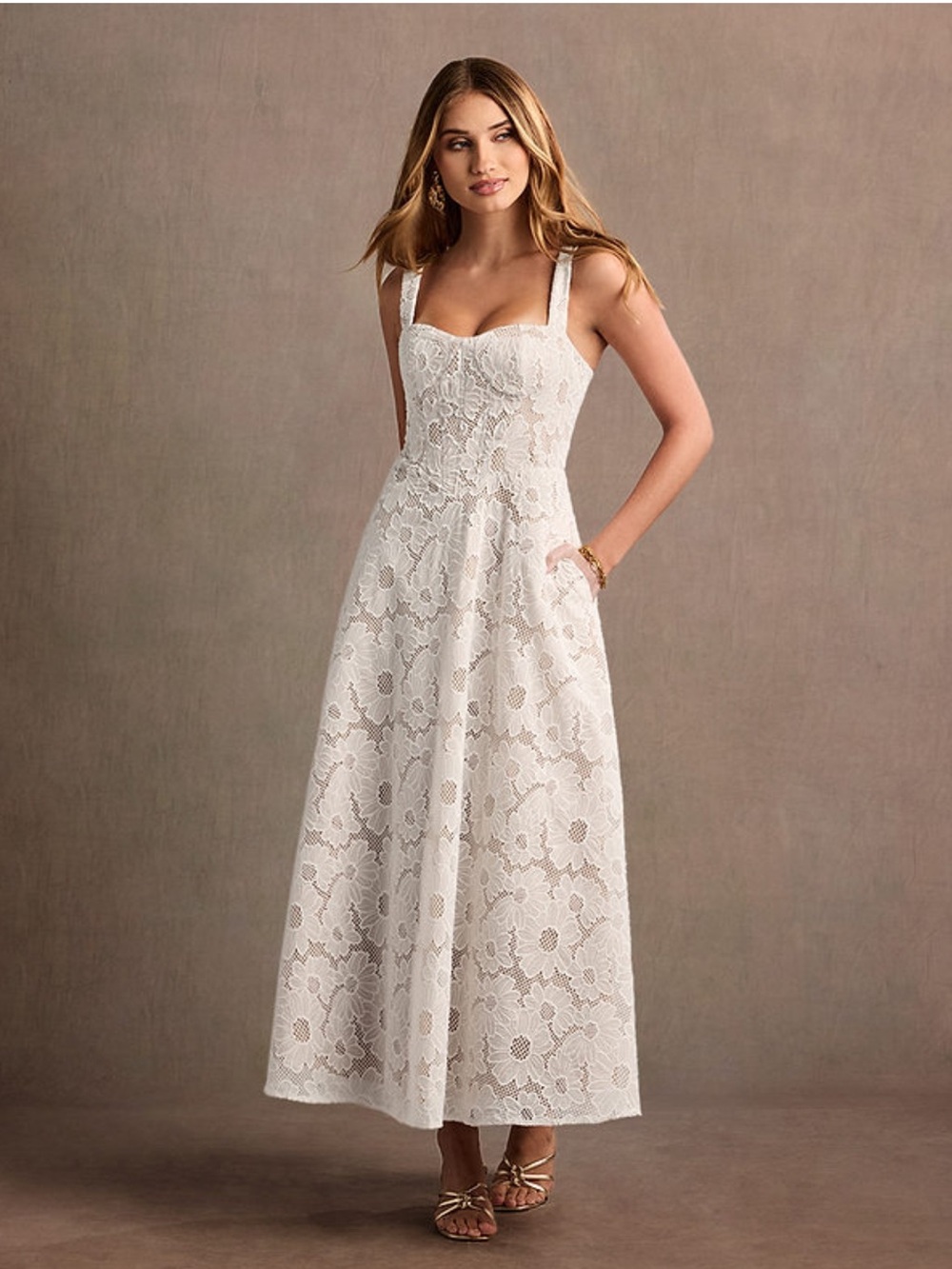 White Lace Maxi Dress with Sweetheart Bodice